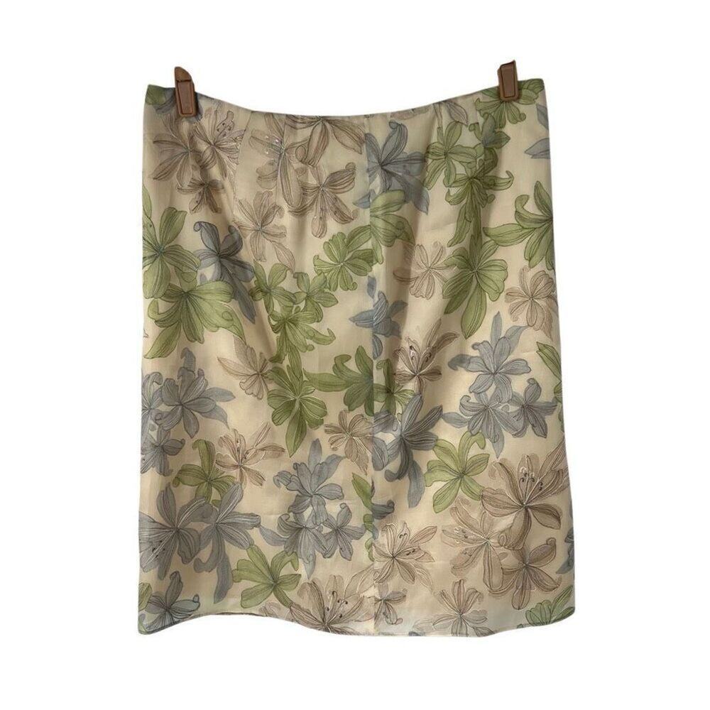 Talbots‎ Cream Green Floral Embroidered Pure Silk Skirt Sz 18 Women’s NWT